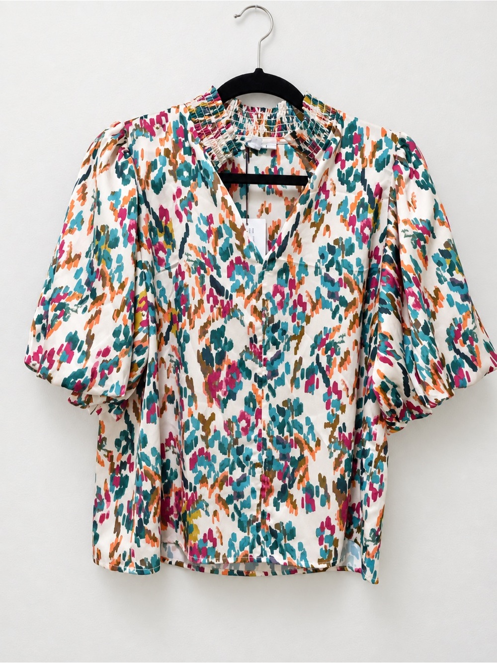 THML White Abstract Print Puff-Sleeve Blouse with Teal & Pink Accents